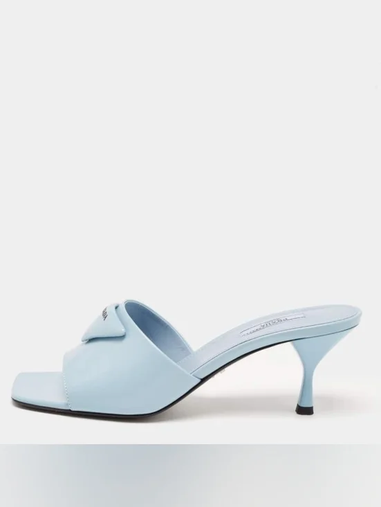 PRADA Burnished Leather Heeled Slide Sandals In Celeste EU 37.5 US 7.5 Org $1295 - Picture 3 of 16